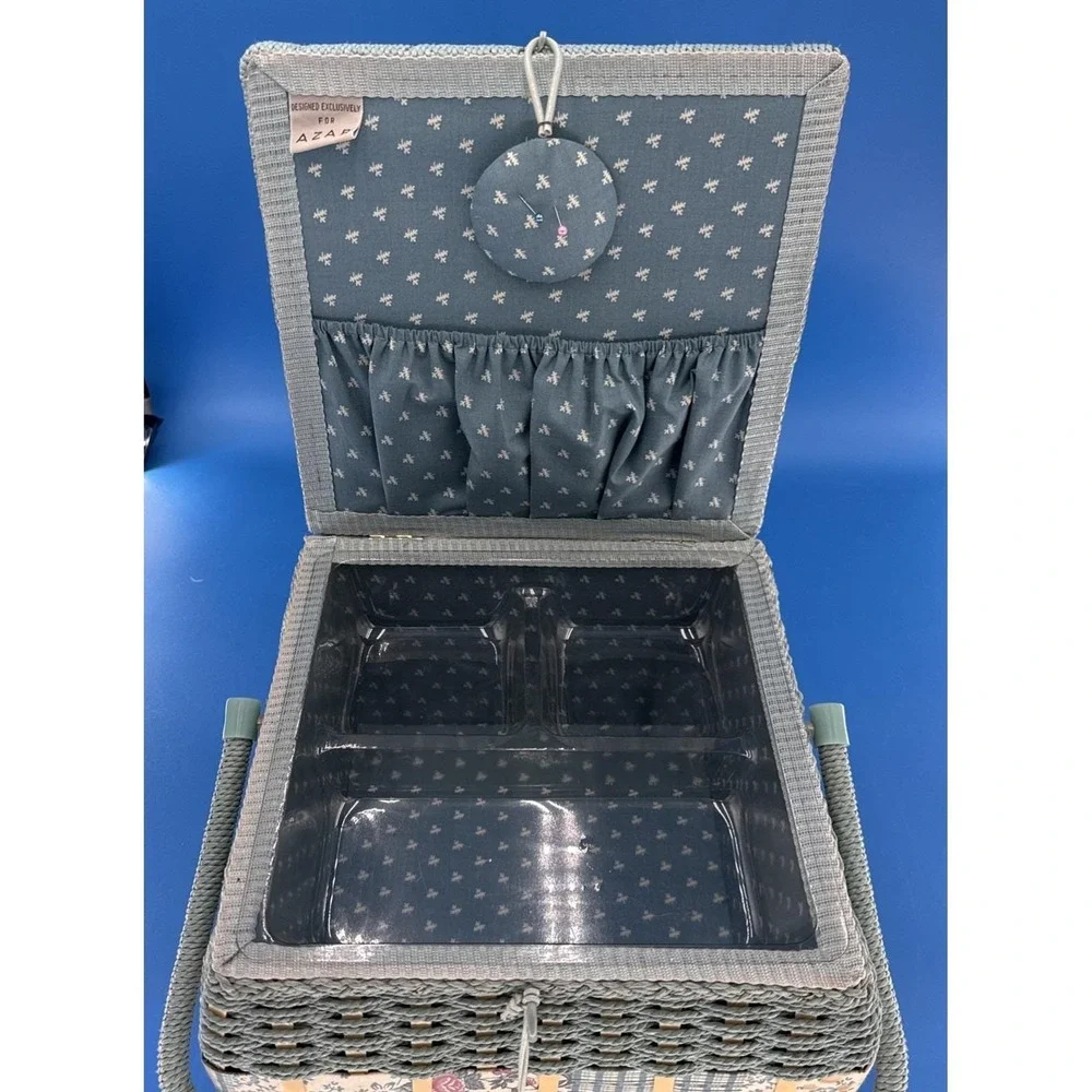 Vintage Wicker Blue Floral Tapestry Square Sewing Box Cottagecore